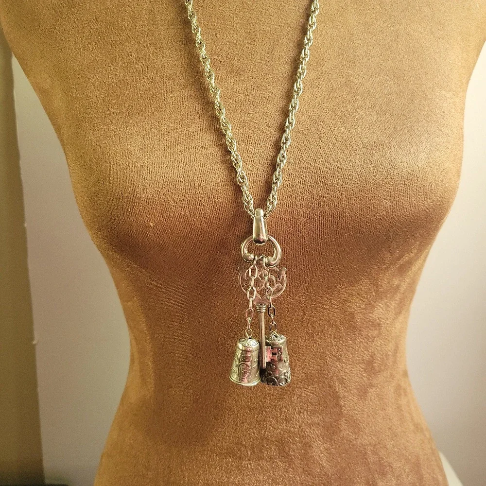 Vintage 1970s Victorian Revival Chatelaine Thimble Key Necklace 24